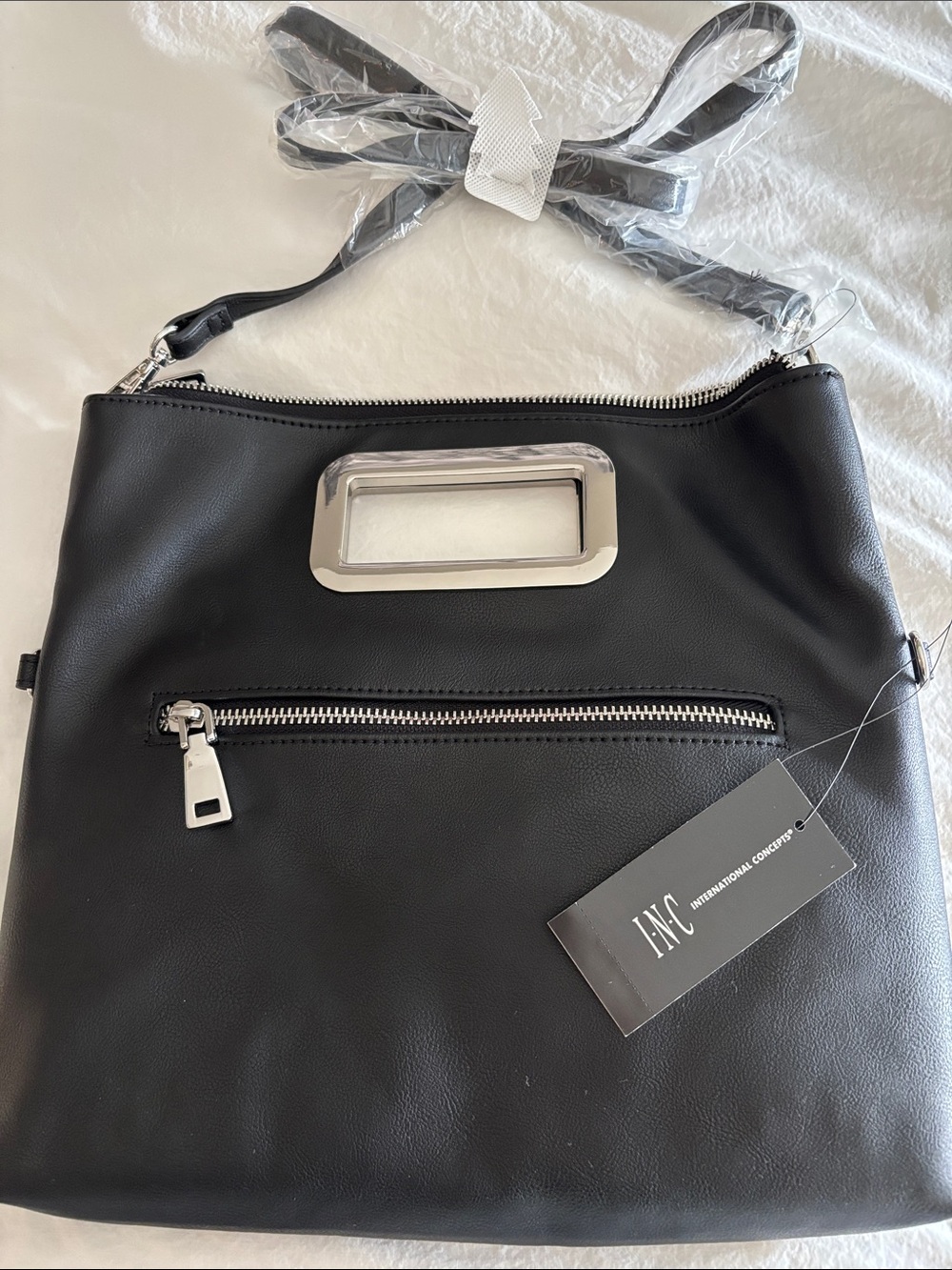 INC International Concepts Black Shoulder Bag with Silver Hardware Accent